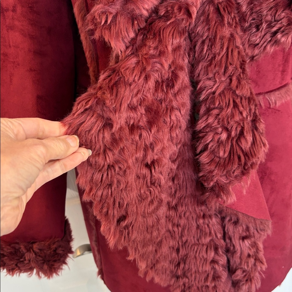 DONNA SALYERS FABULOUS FURS OVERSIZED FAUX SUEDE/FUR BURGUNDY JACKET COAT SZ XL - Picture 6 of 14